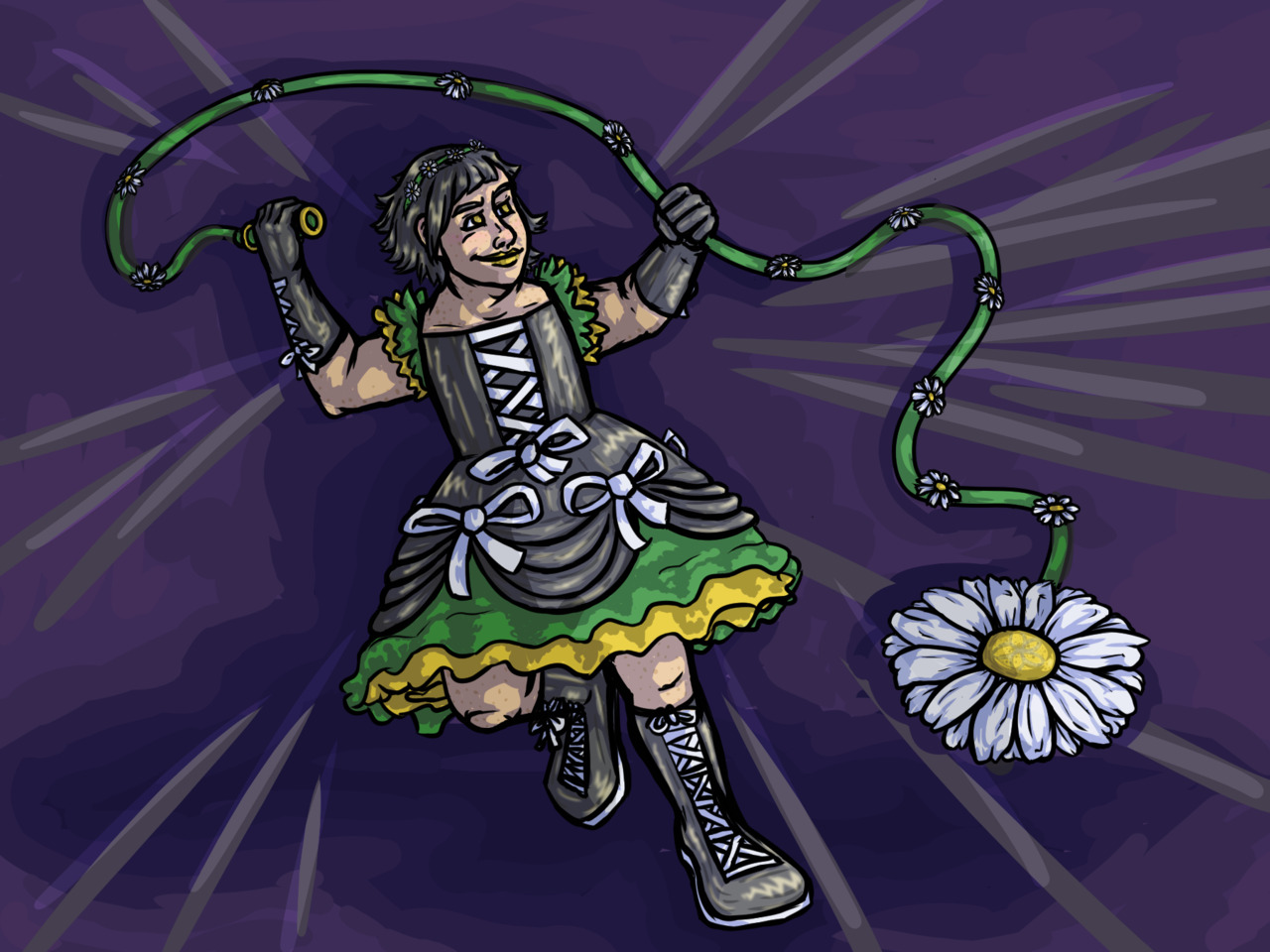 Digital illustration of a light-skinned magical girl in a grey dress with green and yellow accents and white ribbons. She is brandishing a whip with small daisies along it, which ends with a large white daisy.